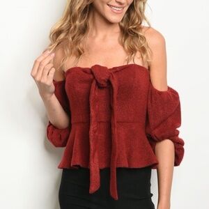 Womens Wine Puff Sleeve Off Shoulder Sweater Top Holiday Party Cozy Knit NWT